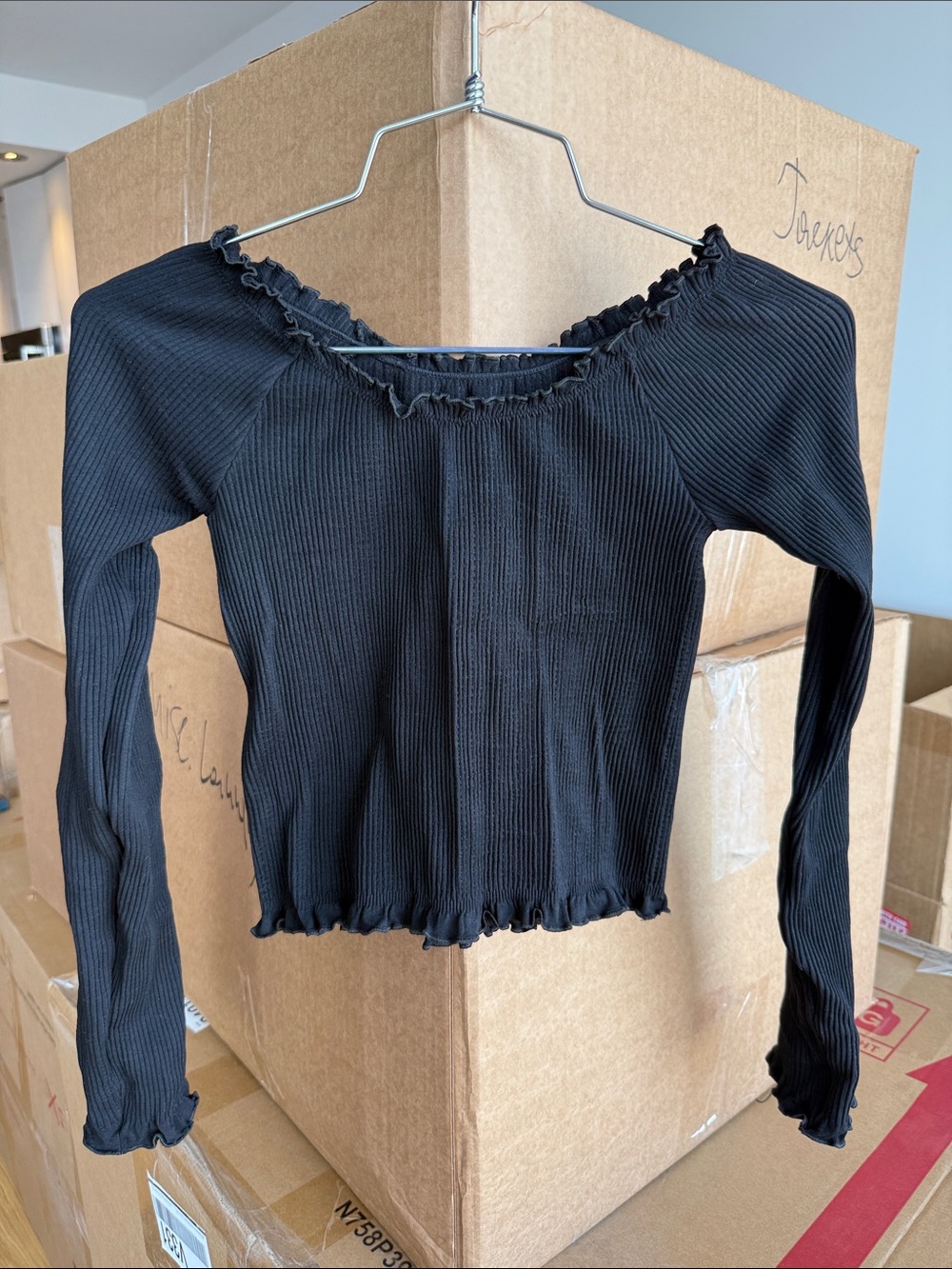 Urban Outfitters Black Ribbed Lettuce-Edge Long Sleeve Top